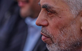 epa10573182 Senior Hamas leader in Gaza Strip, Yahya Al-Sinwar attends a Hamas rally marking Al-Quds Day, or 'Jerusalem Day', in Gaza City on, 14 April 2023. Al-Quds Day was started in 1979 by the late Ayatollah Khomeini, founder of the Islamic Iranian republic, who called on the world's Muslims to show solidarity with Palestinians on the last Friday of the fasting month of Ramadan.  EPA/MOHAMMED SABER