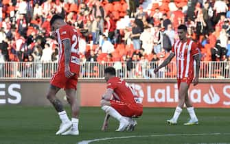 epa10503215 UD Almeria's players react following a Spanish LaLiga soccer match between UD Almeria and Villarreal FC at Power Horse Stadium in Almeria, Andalucia, Spain, 04 March 2023.  EPA/Carlos Barba