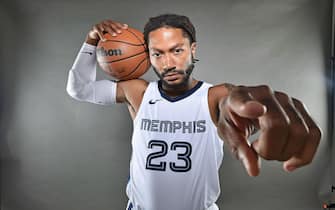 MEMPHIS, TENNESSEE - OCTOBER 02: Derrick Rose #23 of the Memphis Grizzlies poses for a photo during Memphis Grizzlies Media Day at FedExForum on October 02, 2023 in Memphis, Tennessee. NOTE TO USER: User expressly acknowledges and agrees that, by downloading and or using this photograph, User is consenting to the terms and conditions of the Getty Images License Agreement. (Photo by Justin Ford/Getty Images)