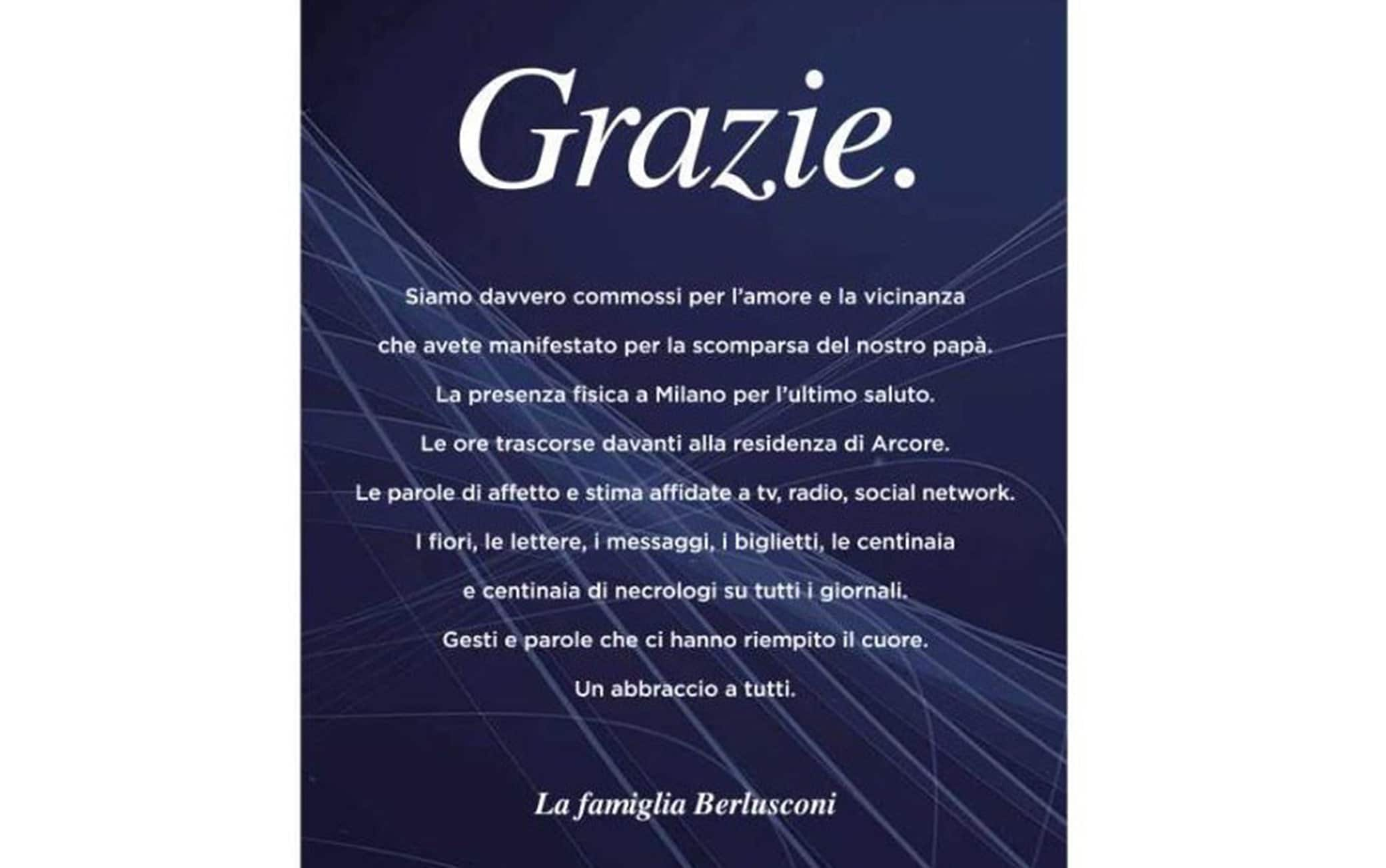 Il messaggio della famiglia Berlusconi sui quotidiani di oggi