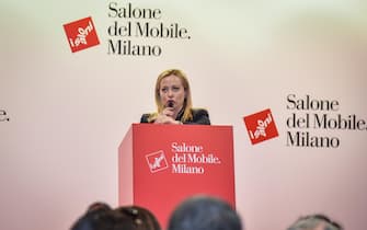 Italian Prime Minister Giorgia Meloni during her speech at the Milan Furniture Fair (Salone del Mobile) at the Rho-Pero Fair in Milan, Italy, 18 April 2023. Premier Giorgia Meloni said Tuesday that her government was determined to take action to boost Italy's birth rate, which reached a new record low last year, and to increase the number of working women to help resolve shortages on the labour market.
ANSA/MATTEO CORNER
