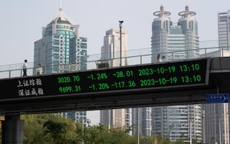 SHANGHAI, CHINA - OCTOBER 19, 2023 - The midday closing stock index is displayed on the big screen of the Lujiazui Skybridge in Pudong New Area in Shanghai, China, October 19, 2023. (Photo by Costfoto/NurPhoto via Getty Images)