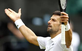 epa11474662 Novak Djokovic of Serbia reacts after winning a game during the Men's semifinal match against Lorenzo Musetti of Italy at the Wimbledon Championships, Wimbledon, Britain, 12 July 2024.  EPA/TOLGA AKMEN  EDITORIAL USE ONLY