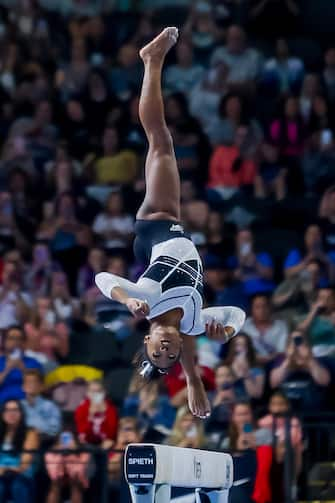 epa10786885 US artistic gymnast Simone Biles competes on the balance beam during the Core Hydration Classic at the NOW Arena in Hoffman Estates, Illinois, USA, 05 August 2023. Biles is returning to competition after a two-year break after the Tokyo 2020 Olympics.  EPA/ALEX WROBLEWSKI