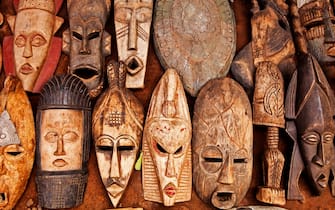 West African Art Masks on Display at at Outdoor Market in Accra Ghana
