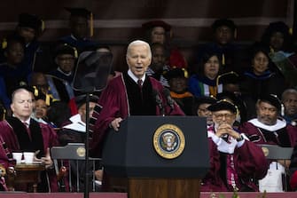 US President Joe Biden speaks during a graduation ceremony at Morehouse College in Atlanta, Georgia, US, on Sunday, May 19, 2024. Biden renewed his call for a temporary cease-fire in Gaza in a speech at Morehouse College's graduation ceremony, where some participants donned Palestinian colors in protest at Israel's military incursion. Photographer: Christian Monterrosa/Bloomberg via Getty Images