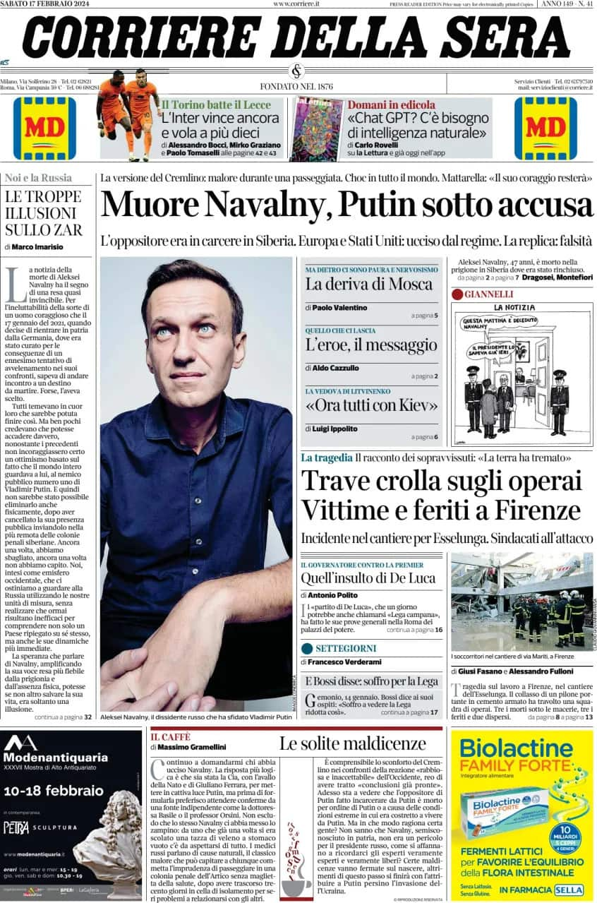 Le prime pagine dei quotidiani di oggi 17 febbraio la rassegna