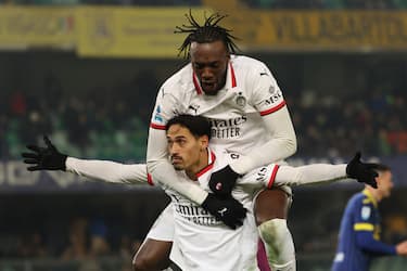 Milan's Tijjani Reijnders jubilates with his teammate Milan's Tammy Abraham after scoring the goal 0-1 during the Italian Serie A soccer match Hellas Verona vs AC Milan at Bentegodi stadium in Verona, Italy, 20 December 2024.
ANSA/FILIPPO VENEZIA
