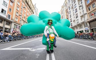 MADRID, SPAIN - MARCH 16: A man dressed in green celebrates Saint Patrick's Day at Gran Via on March 16, 2024 in Madrid, Spain. (Photo by Aldara Zarraoa/Getty Images)
