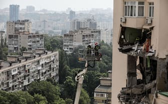epa10709053 Rescuers work at a damaged apartment block damaged by rocket fragments in Kyiv (Kiev), Ukraine, 24 June 2023, amid the Russian invasion. At least three people were killed by rocket fragments hitting a high-rise building in the capitalâ€™s Solomyan district, Kyiv Mayor Vitaliy Klitschko confirmed. According to the Ukrainian Air Force, Russia fired 41 missiles and one shock drone on Ukraine. All air targets were shot down.  EPA/OLEG PETRASYUK