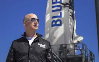 epa09252931 An undated handout photo made available by Blue Origin shows Blue Origin founder Jeff Bezos inspects New Shepard s West Texas launch facility before the rocket s maiden voyage, in West Texas, USA. (issued 07 June 2021). Outgoing Amazon CEO Jeff Bezos via social media on 07 June 2021 announced he and his brother will be on Bezos's space company Blue Origin's first crewed space flight. One seat on the flight scheduled for 20 July 2021 is auctioned.  EPA/BLUE ORIGIN HANDOUT MANDATORY CREDIT: BLUE ORIGIN HANDOUT EDITORIAL USE ONLY/NO SALES