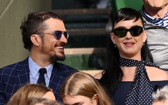 LONDON, ENGLAND - JULY 05: Orlando Bloom and Katy Perry attend day three of the Wimbledon Tennis Championships at All England Lawn Tennis and Croquet Club on July 05, 2023 in London, England. (Photo by Karwai Tang/WireImage)
