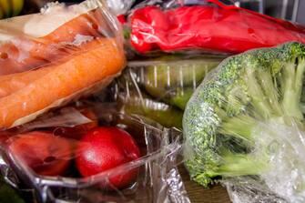 Fruit and vegetables in plastic bags