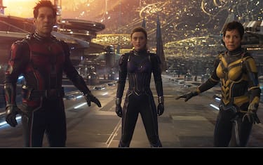 (L-R): Paul Rudd as Scott Lang/Ant-Man, Kathryn Newton as Cassandra "Cassie" Lang, Evangeline Lilly as Hope Van Dyne/Wasp in Marvel Studios' ANT-MAN AND THE WASP: QUANTUMANIA. Photo courtesy of Marvel Studios. © 2022 MARVEL.