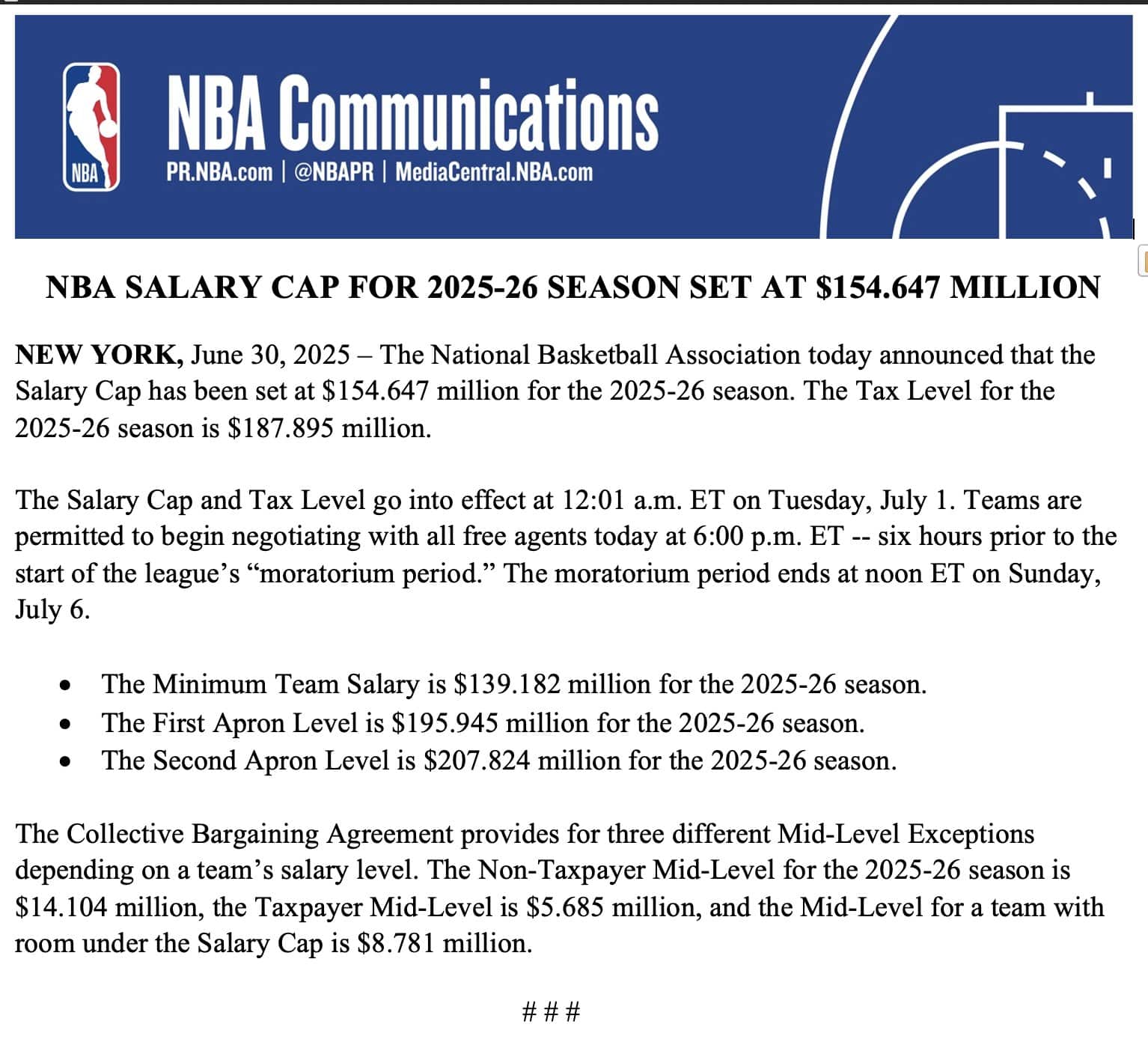 Il comunicato della NBA