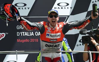 Spanish Moto GP rider Jorge Lorenzo of Ducati Team celebrate first placed Motorcycling Grand Prix of Italy at the Mugello circuit in Scarperia, central Italy, 3 June 2018
ANSA/CLAUDIO GIOVANNINI