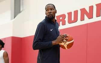 LAS VEGAS, NV - JULY 7: Kevin Durant #7 of the USA Basketball Men's Team looks on during USAB Men's Training Camp in Las Vegas on July 7, 2024 in Las Vegas Nevada. NOTE TO USER: User expressly acknowledges and agrees that, by downloading and/or using this Photograph, user is consenting to the terms and conditions of the Getty Images License Agreement. Mandatory Copyright Notice: Copyright 2024 NBAE (Photo by Brian Babineau/NBAE via Getty Images)