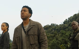 (from left) Ramsey (Nathalie Emmanuel), Tej (Chris “Ludacris” Bridges) and Roman (Tyrese Gibson) in F9, co-written and directed by Justin Lin.