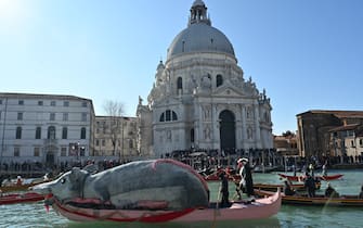Decorated boats sail on the Grand Canal during Venice Carnival, on February 16, 2025. This year, the theme of one of the most famous carnival in the world is Casanova, as the 'Serenissima' celebrates the 300th anniversary of the famous man's birth. (Photo by ANDREA PATTARO / AFP)