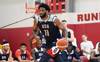 LAS VEGAS, NV - JULY 8:   Joel Embiid #11 of the USAB Mens Team handles the ball during the USAB Men's Training Camp on July 8, 2024 at UNLV in Las Vegas, Nevada. NOTE TO USER: User expressly acknowledges and agrees that, by downloading and or using this photograph, User is consenting to the terms and conditions of the Getty Images License Agreement. Mandatory Copyright Notice: Copyright 2024 NBAE (Photo by Brian Babineau/NBAE via Getty Images)