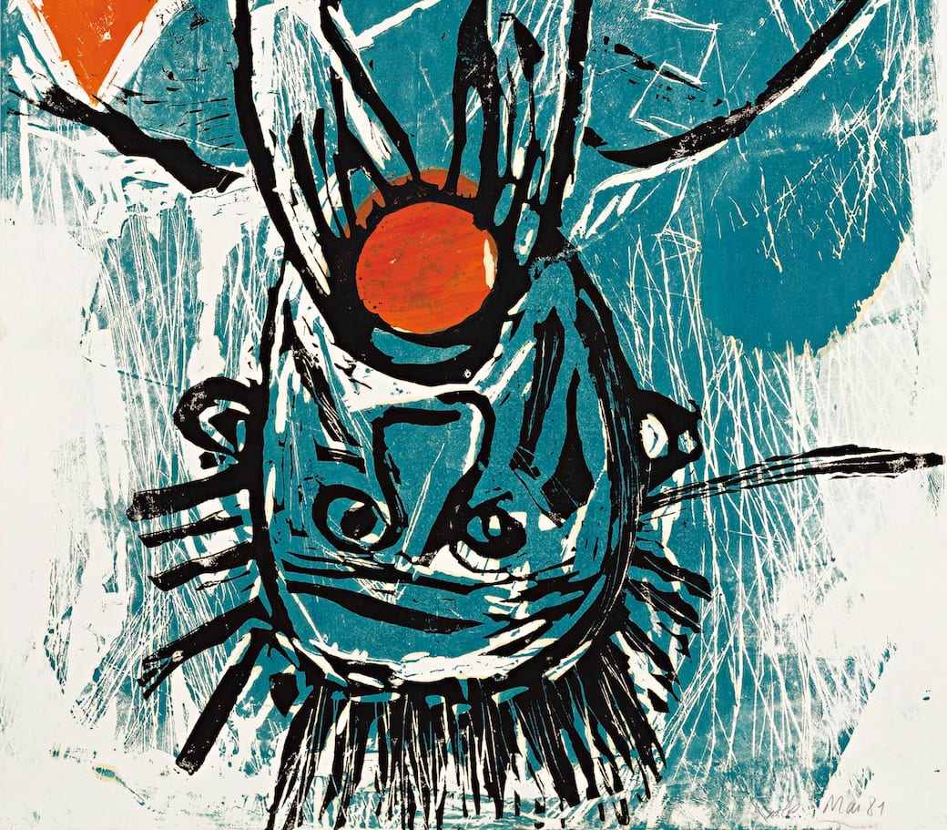 Georg Baselitz, Orangenesser V (Mangiatore d’arance V), 1981 - 1984, linoleografia, Collezione privata. Foto: Jochen Littkemann © Georg Baselitz 2026