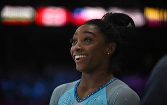 US' Simone Biles reacts during the women's qualifying session at the 52nd FIG Artistic Gymnastics World Championships, in Antwerp, northern Belgium, on October 1, 2023. (Photo by Lionel BONAVENTURE / AFP) (Photo by LIONEL BONAVENTURE/AFP via Getty Images)