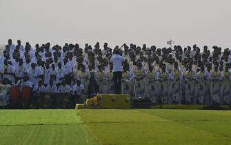 The choir sings ahead of the holy mass with Pope Francis at the John Garang Mausoleum in Juba, South Sudan, on February 5, 2023. - Pope Francis wraps up his pilgrimage to South Sudan with an open-air mass on February 5, 2023 after urging its leaders to focus on bringing peace to the fragile country torn apart by violence and poverty.
The three-day trip is the first papal visit to the largely Christian country since it achieved independence from Sudan in 2011 and plunged into a civil war that killed nearly 400,000 people. (Photo by Tiziana FABI / AFP) (Photo by TIZIANA FABI/AFP via Getty Images)