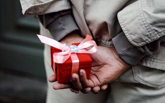 Frasi San Valentino Valentine's day present being held behind man's back