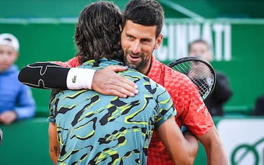 Lorenzo MUSETTI of Italia and Novak DJOKOVIC of Serbia during the Rolex Monte-Carlo, ATP Masters 1000 tennis event on April 13, 2023 at Monte-Carlo Country Club in Roquebrune Cap Martin, France - Photo: Matthieu Mirville/DPPI/LiveMedia