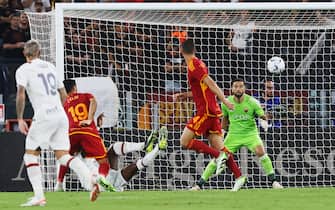 Rafael Leao of Milan scores 0-2 goal during the Italian championship Serie A football match between AS Roma and AC Milan on September 1, 2023 at Stadio Olimpico in Rome, Italy