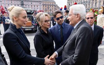 epa10690830 Italian President Sergio Mattarella (2-R) greets Marta Fascina (L), Marina (2-L), Pier Silvio (C) and Paolo Berlusconi (R) at the end of the state funeral of Italy's former prime minister and media mogul Silvio Berlusconi at the Milan Cathedral (Duomo) in Milan, Italy, 14 June 2023. Silvio Berlusconi died at the age of 86 on 12 June 2023 at Milan's San Raffaele hospital. The Italian media tycoon and Forza Italia (FI) party founder, dubbed as 'Il Cavaliere' (The Knight), served as prime minister of Italy in four governments. The Italian government has declared 14 June 2023 a national day of mourning.  EPA/PAOLO G / QUIRINAL PALACE PRESS OFFICE / HANDOUT  HANDOUT EDITORIAL USE ONLY/NO SALES
