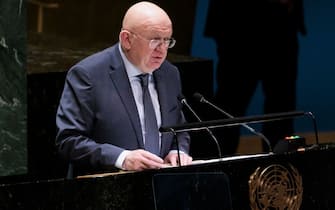 epa10484485 Russia's Ambassador to the U.N. Vassily Nebenzia speaks during the 11th Emergency Session of the United Nations on the conflict in Ukraine at United Nations headquarters in New York, New York, USA, 22 February 2023.  EPA/JUSTIN LANE