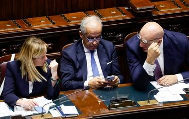 Italian Prime Minister Giorgia Meloni, Italian Interior Minister Matteo Piantedosi, (C) Italian Defence Minister Guido Crosetto at the Chamber of Deputies for a confidence vote on new government in Rome, Italy, 25 October 2022. ANSA/FABIO FRUSTACI