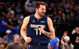 DALLAS, TX - FEBRUARY 10: Luka Doncic #77 of the Dallas Mavericks reacts after scoring a three point basket against the LA Clippers in the first half at American Airlines Center on February 10, 2022 in Dallas, Texas. NOTE TO USER: User expressly acknowledges and agrees that, by downloading and or using this photograph, User is consenting to the terms and conditions of the Getty Images License Agreement. (Photo by Ron Jenkins/Getty Images) 