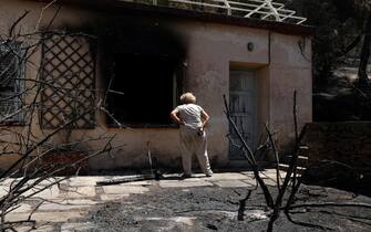 epa11547510 A woman stands in front of a burnt house after a wildfire in the area of Nea Penteli, close to Athens, Greece, 13 August 2024. A wildfire that broke out on 11 August in the outskirts of Athens and spread to a large part of northeastern Attica no longer had a single front on 13 August. The fire stretched along a front more than 30 kilometres in length. According to the Fire Brigade, the firefighting forces are dealing with scattered pockets of fire from Varnavas to Nea Makri and Penteli while there are constant rekindlings. Firefighters found a charred body, of a 60-year-old woman, in a small factory that caught fire in Patima Halandriou.  EPA/GEORGE VITSARAS