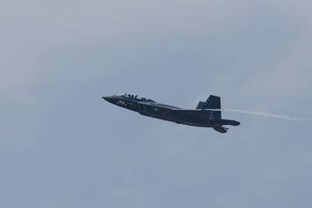 South Korea's homegrown fighter jet KF-21 stages an aerial demonstration during the Seoul International Aerospace and Defense Exhibition(ADEX) 2023 at the Seoul Air Base on October 18, 2023 in Seongnam, south of Seoul. It is the first time that the KF-21 disclose to the public. (Photo by Chris Jung/NurPhoto via Getty Images)