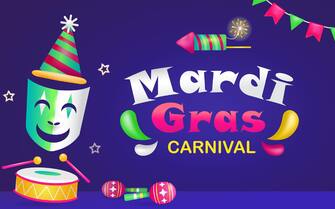 2P6Y62E Mardi Gras Carnival, 3d illustration of sad and happy expression masks playing drums