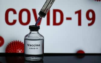 In this photo illustration a bottle of  Covid-19 coronavirus Vaccine is seen