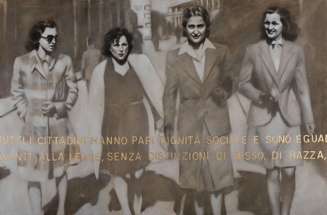 Antonella Cinelli, LA LIBERTA' DI SCEGLIERE. Omaggio a Norma Soldi, Tullia Mori, Elia Bergomi, Valda Giomi, olio su tela (2026), cm. 80x120