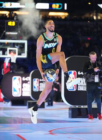 INDIANAPOLIS, IN - FEBRUARY 17: Tyrese Haliburton #0 of the Indiana Pacers dribbles the ball during the KIA Skills Challenge as a part of State Farm All-Star Saturday Night on Saturday, February 17, 2024 at Lucas Oil Stadium in Indianapolis, Indiana. NOTE TO USER: User expressly acknowledges and agrees that, by downloading and/or using this Photograph, user is consenting to the terms and conditions of the Getty Images License Agreement. Mandatory Copyright Notice: Copyright 2024 NBAE (Photo by Garrett Ellwood/NBAE via Getty Images)