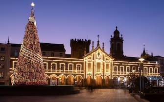 Portuguese Christmas lights decoration with an enormous tree in Braga city centre, Portugal