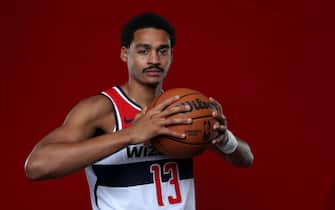 WASHINGTON, DC - OCTOBER 02: Jordan Poole #13 of the Washington Wizards poses for a portrait during media day at Capital One Arena on October 02, 2023 in Washington, DC. NOTE TO USER: User expressly acknowledges and agrees that, by downloading and or using this photograph, User is consenting to the terms and conditions of the Getty Images License Agreement.  (Photo by Rob Carr/Getty Images)