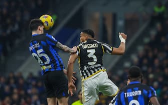 Alessandro Bastoni of FC Internazionale seen in action with Gleison Bremer of Juventus FC during Serie A 2023/24 football match between FC Internazionale and Juventus FC at Giuseppe Meazza Stadium, Milan, Italy on February 04, 2024