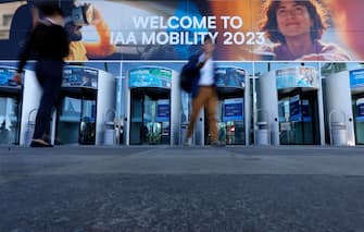 epa10839707 A exterior view of an entrance to the International Motor Show (IAA) in Munich, Germany, 04 September 2023. The 2023 International Motor Show Germany IAA MOBILITY 2023 takes place in Munich from 05 to 10 September 2023. The IAA 2023 will also feature numerous world premieres, and has a special focus on electric mobility and digitization.  EPA/RONALD WITTEK