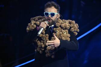 Italian singer Dargen DÕAmico performs on stage at the Ariston theatre during the 74rd Sanremo Italian Song Festival, Sanremo, Italy, 06 February 2024. The music festival will run from 06 to 10 February 2024.  ANSA/ETTORE FERRARI