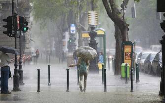 A rainstorm on Andrassy Street in Budapest, Hungary.