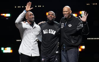SALT LAKE CITY, UT - FEBRUARY 19: NBA all-time top-3 scorers Karl Malone, LeBron James and Kareem Abdul-Jabbar pose for a photo during the NBA All-Star Game as part of 2023 NBA All Star Weekend on Sunday, February 19, 2023 at Vivint Arena in Salt Lake City, Utah. NOTE TO USER: User expressly acknowledges and agrees that, by downloading and/or using this Photograph, user is consenting to the terms and conditions of the Getty Images License Agreement. Mandatory Copyright Notice: Copyright 2023 NBAE (Photo by Jesse D. Garrabrant/NBAE via Getty Images)