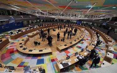 This general view shows the meeting room ahead of an emergency summit of the European Council in Brussels on February 24, 2022, following Russia's invasion of Ukraine. (Photo by Olivier HOSLET / POOL / AFP) (Photo by OLIVIER HOSLET/POOL/AFP via Getty Images)