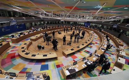 This general view shows the meeting room ahead of an emergency summit of the European Council in Brussels on February 24, 2022, following Russia's invasion of Ukraine. (Photo by Olivier HOSLET / POOL / AFP) (Photo by OLIVIER HOSLET/POOL/AFP via Getty Images)
