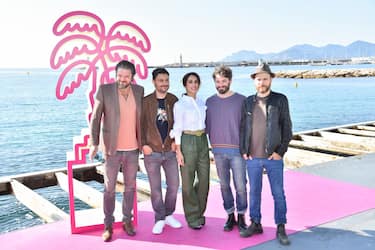 CANNES, FRANCE - OCTOBER 13: Edoardo Pesce, scenarist Valerio Cilio, actress Silvia D'amico, creator Stefano Lodovichi and film music composer Giorgio Giampa attend the "Christian" photocall during the 4th Canneseries Festival on October 13th, 2021 in Cannes. (Photo by Stephane Cardinale - Corbis/Corbis via Getty Images)